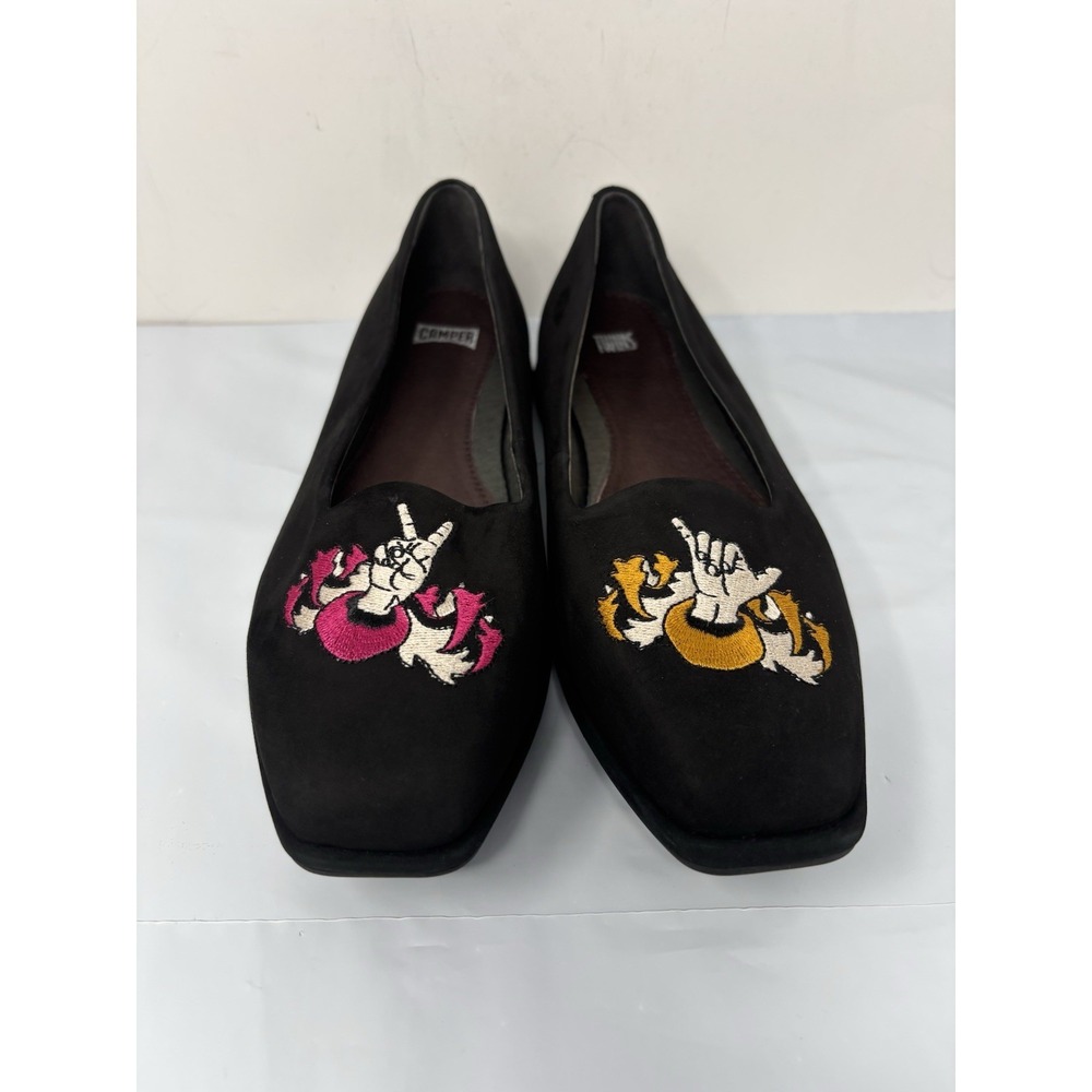 Camper Lara Black Suede Embroidered Flats Womens Size 39 US 8.5